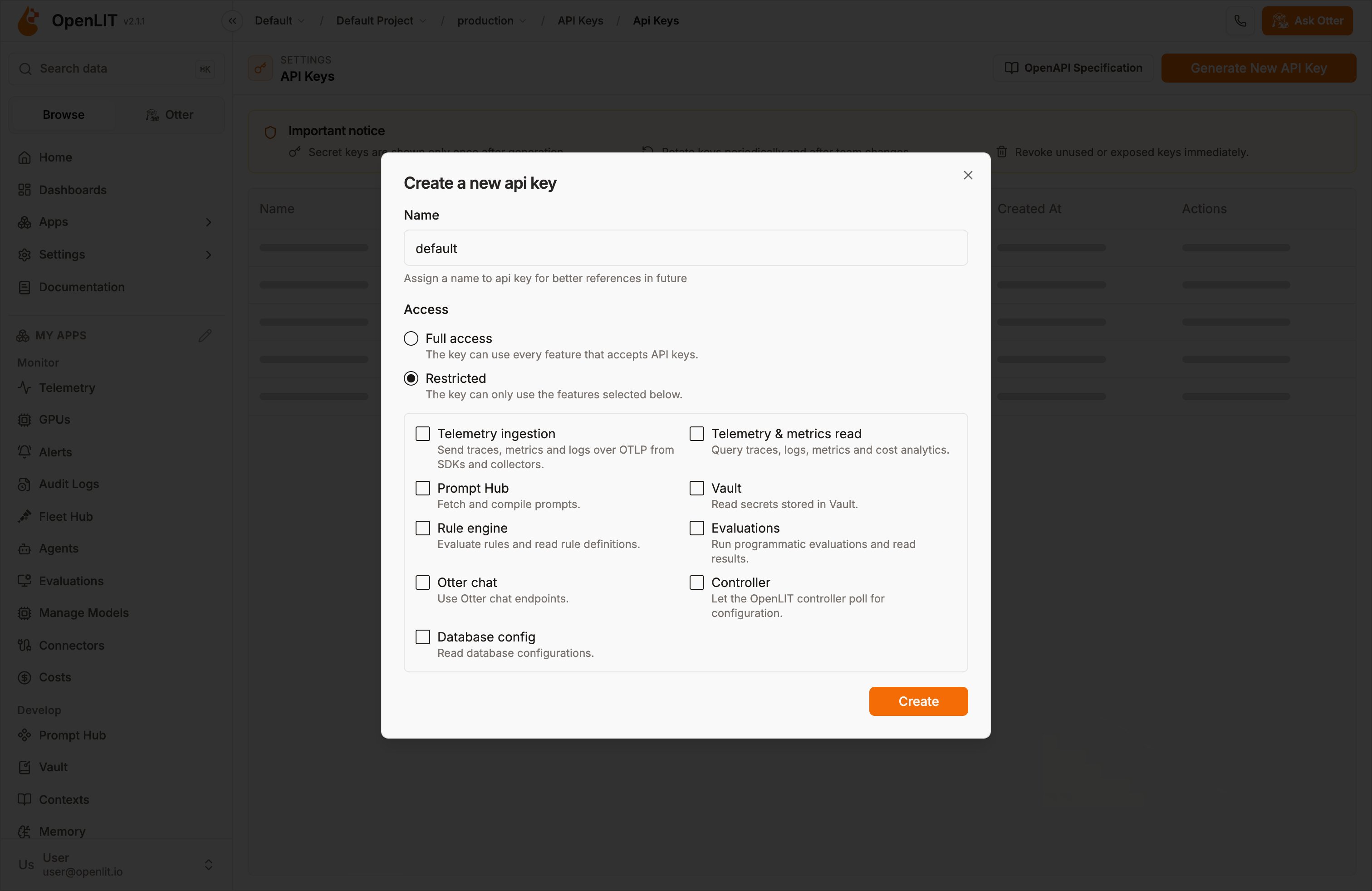 Create API key dialog with Restricted selected and per-feature access checkboxes