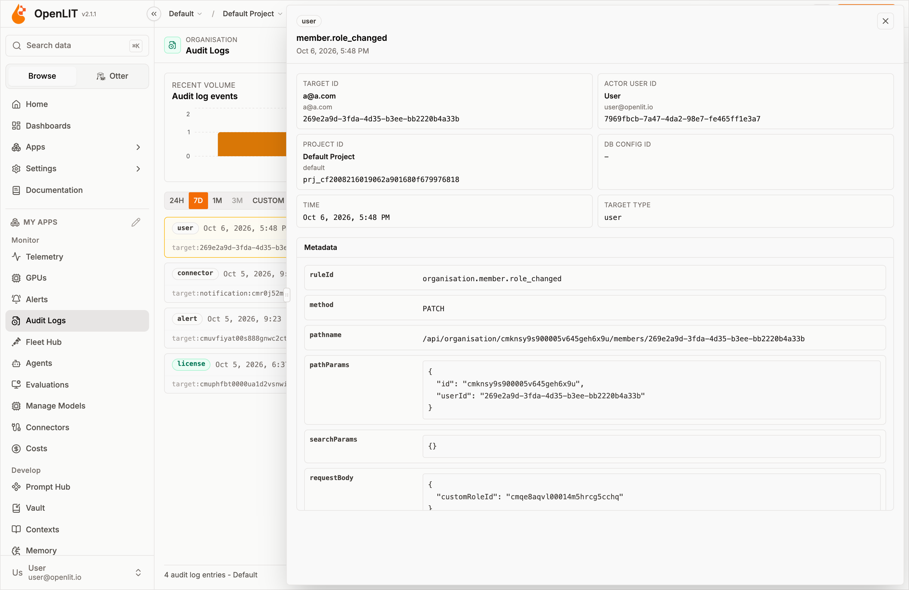 Audit event detail for a member role change, with the actor, project, and metadata