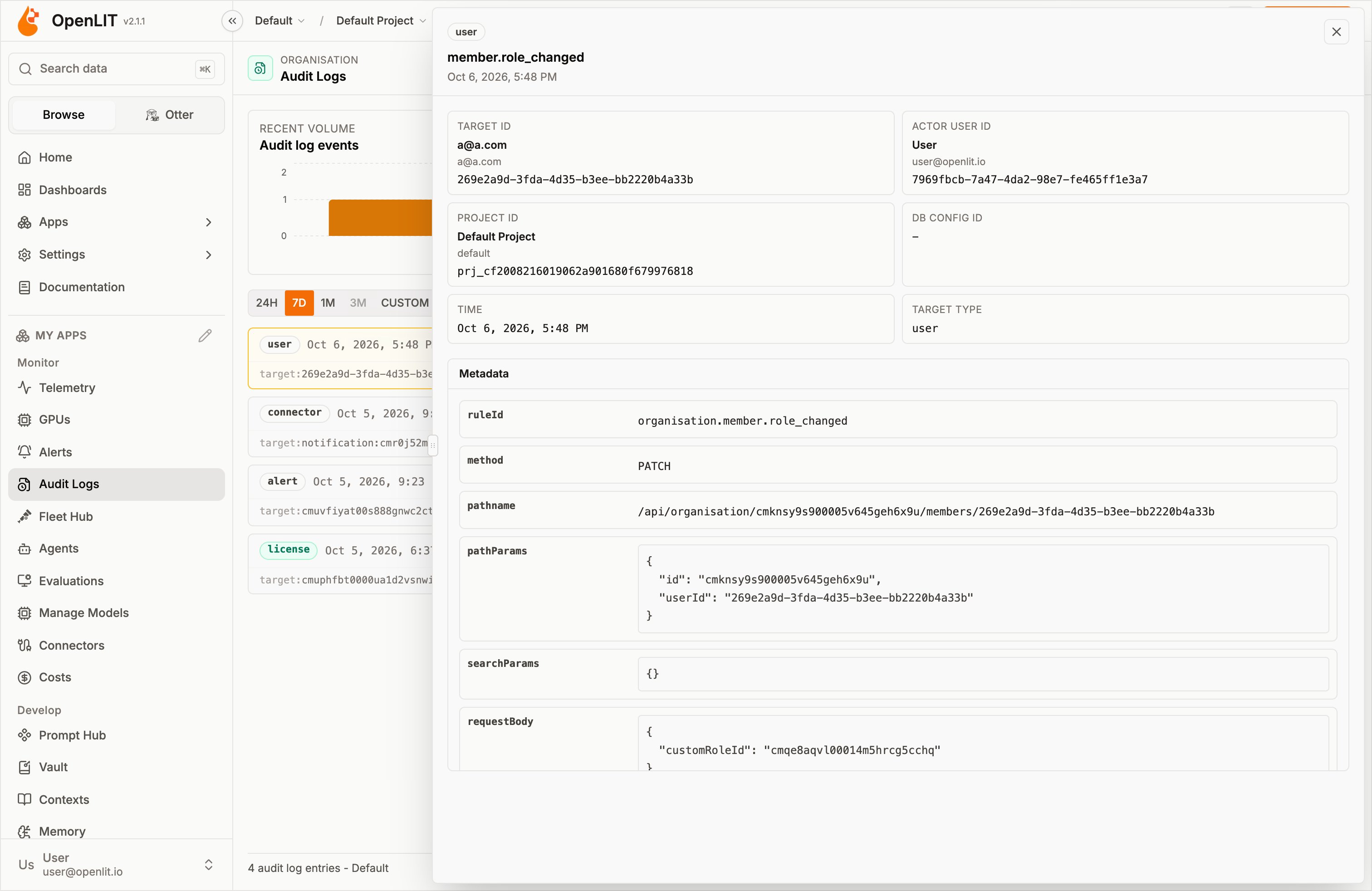 Audit event detail for a member role change, with the actor, project, and metadata