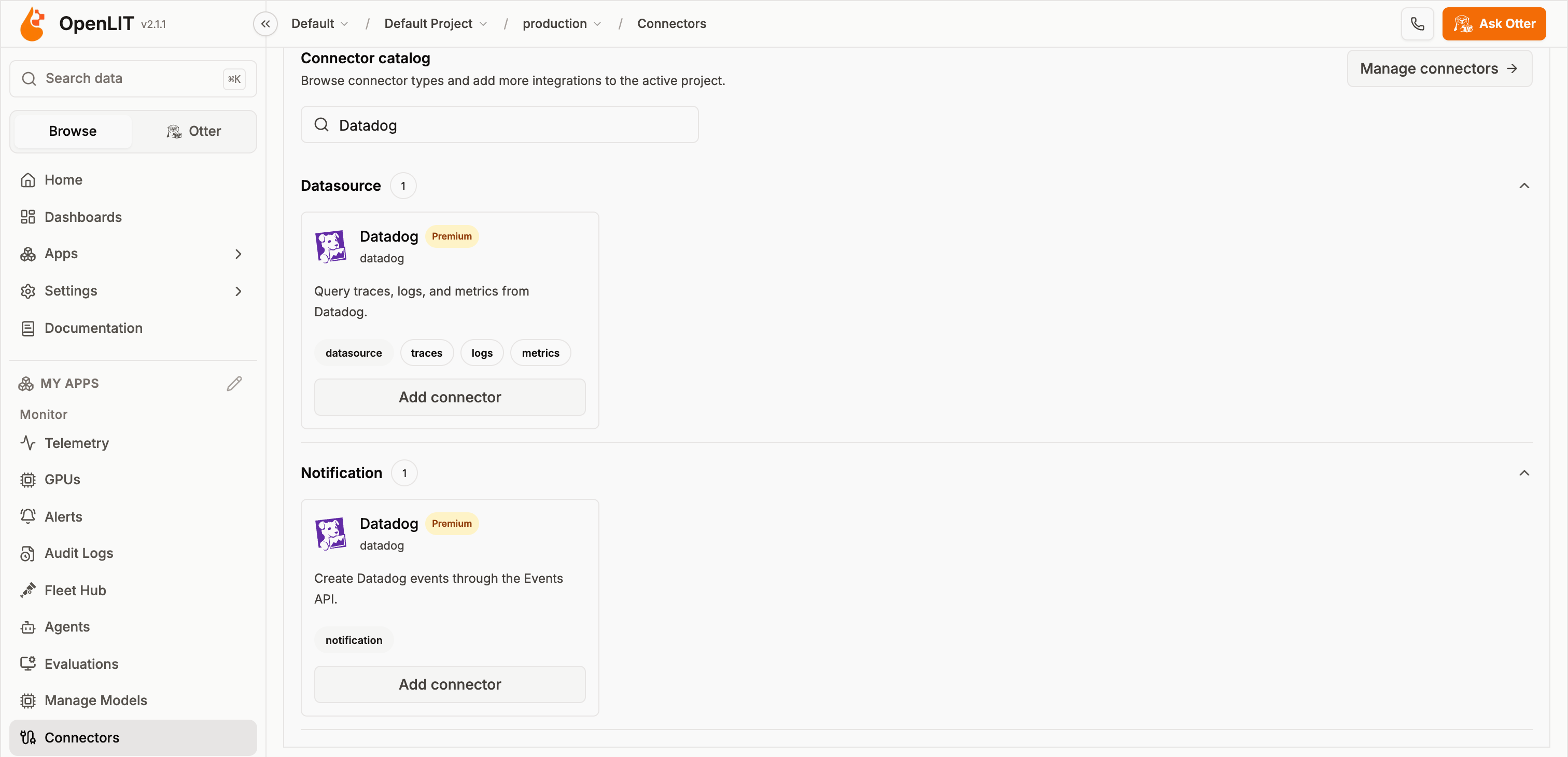Connector catalog filtered to Datadog, showing the premium data source and the premium notification connector