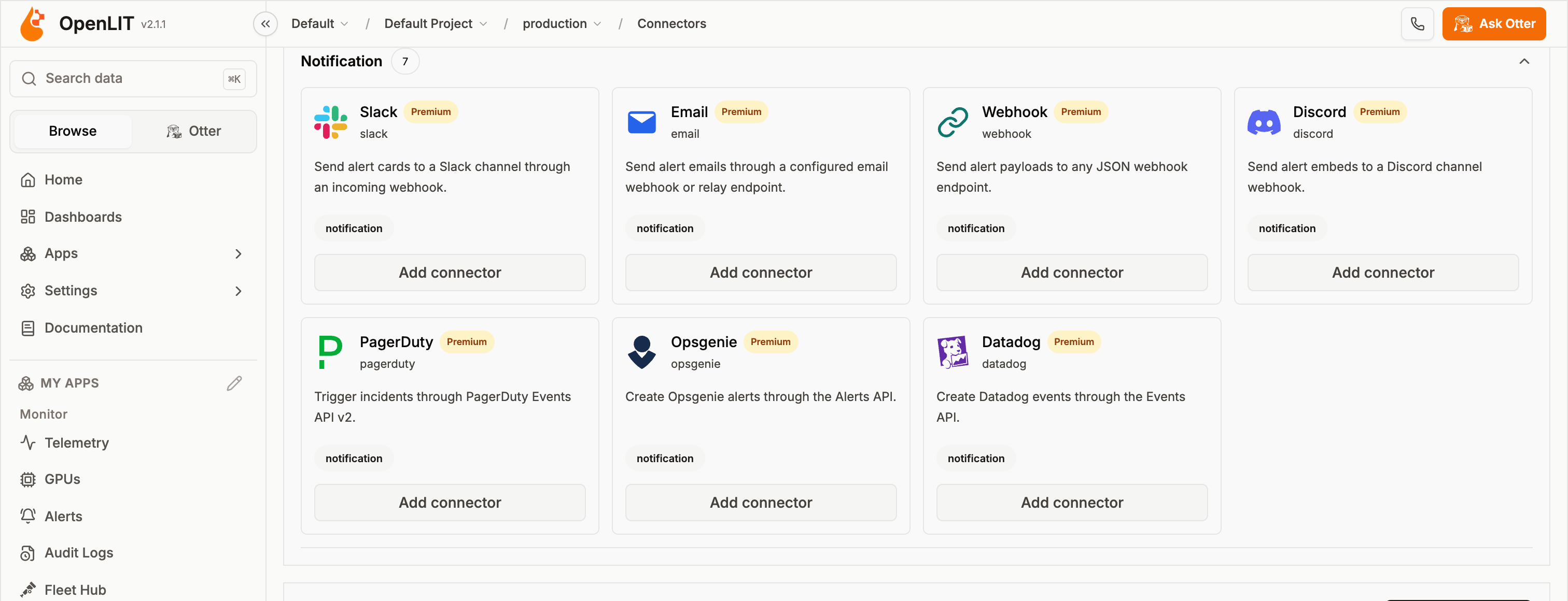 Notification connector catalog with Slack, email, PagerDuty, and Opsgenie marked Premium