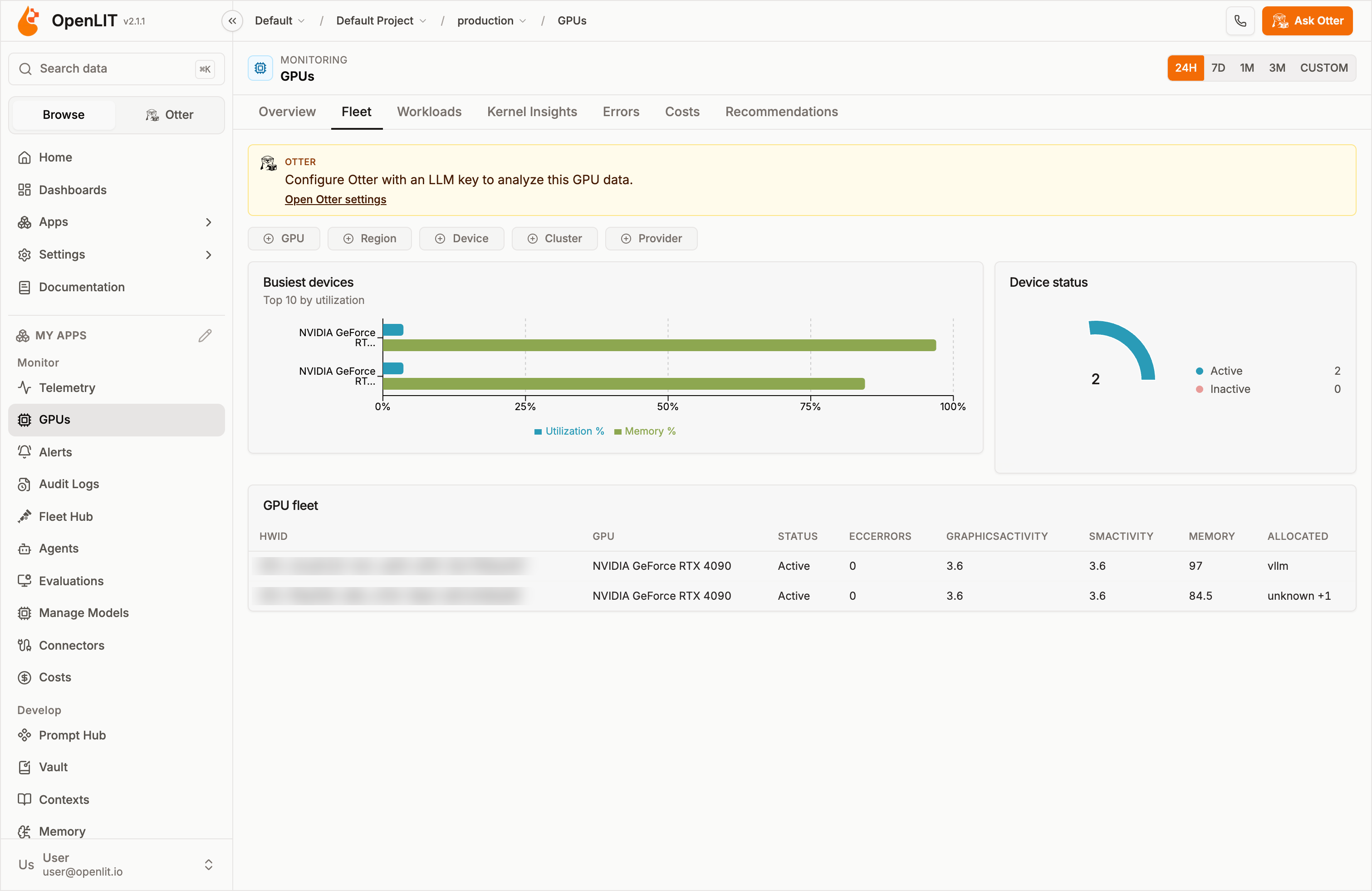 GPUs Fleet tab showing the busiest devices by utilization and memory