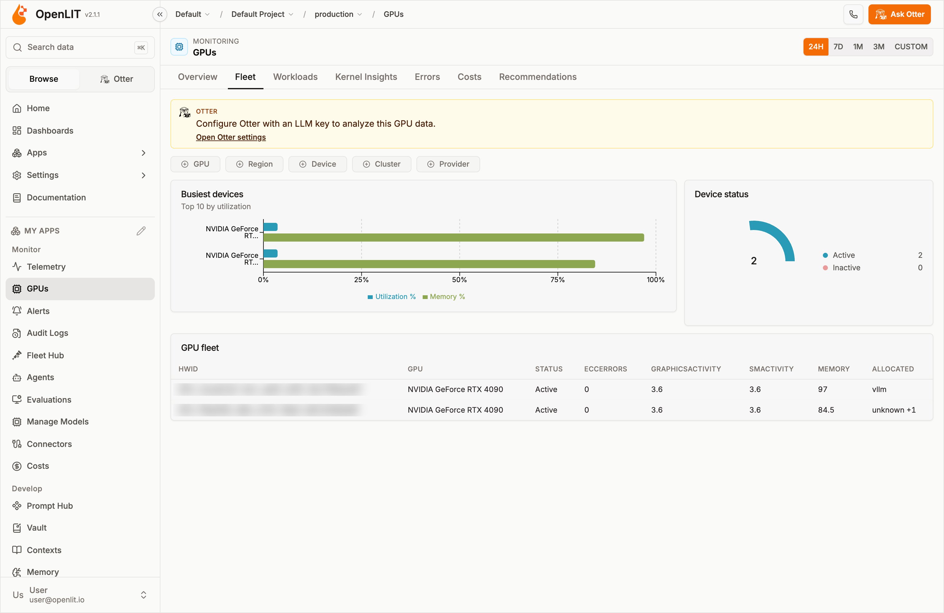 GPUs Fleet tab showing the busiest devices by utilization and memory
