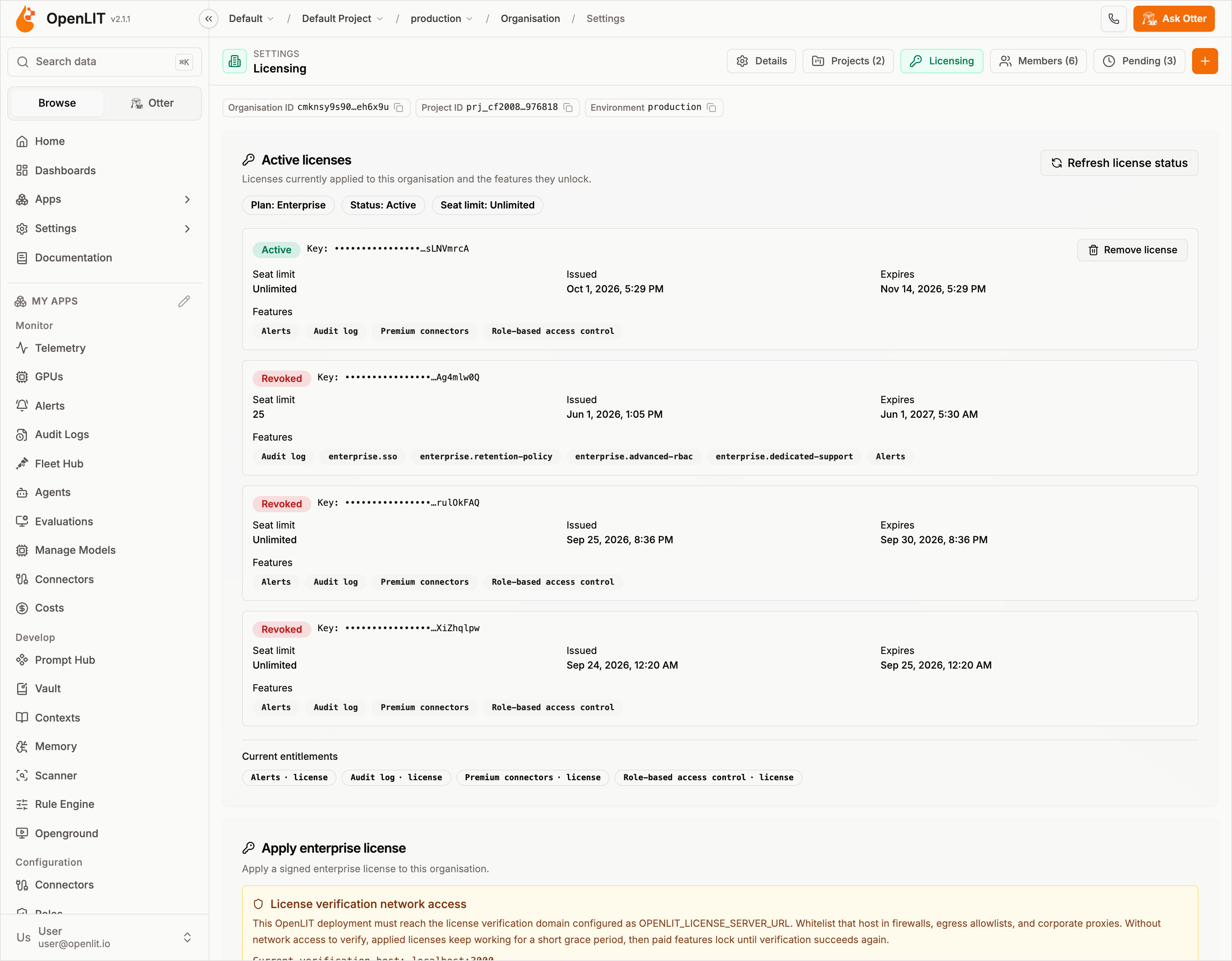 Organisation Licensing tab with an active enterprise license and the features it unlocks