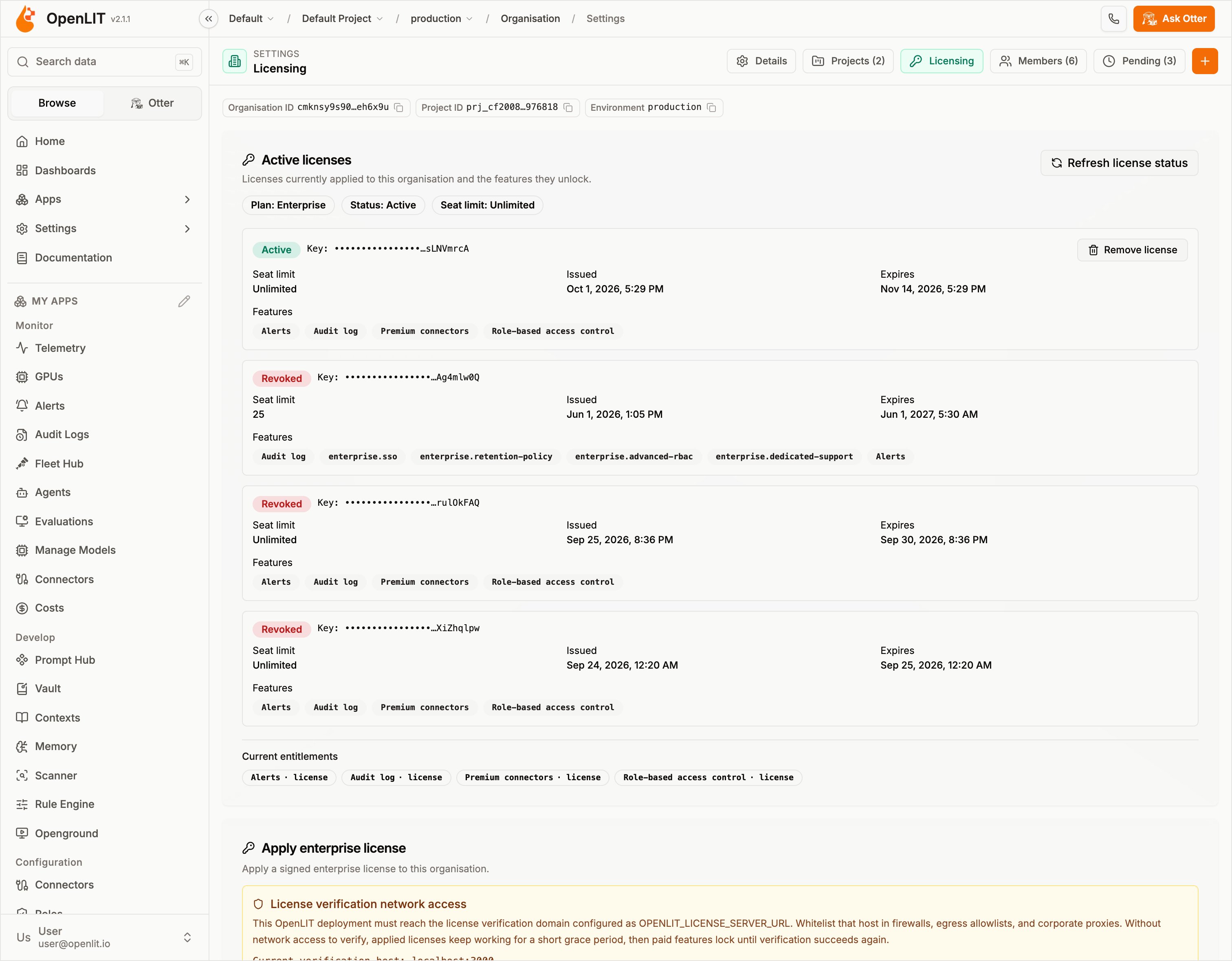 Organisation Licensing tab with an active enterprise license and the features it unlocks