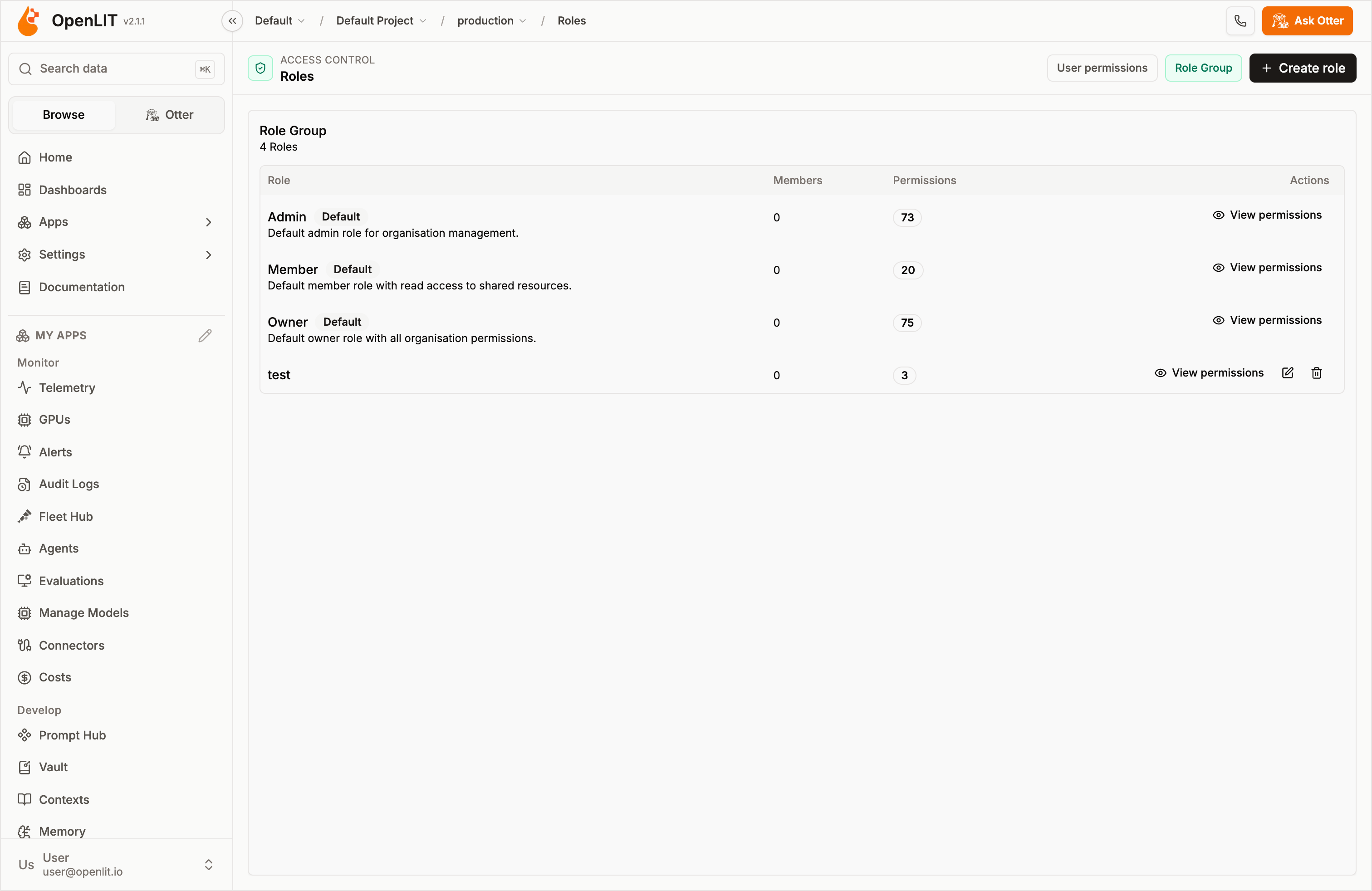 Role Group tab listing the default Admin, Member, and Owner roles