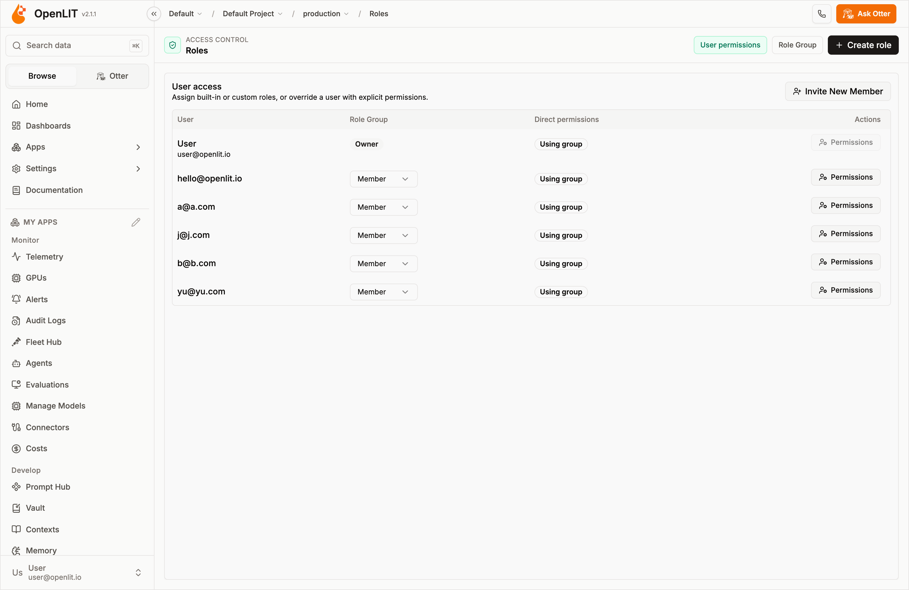 Roles page on the User permissions tab, with members assigned Owner or Member