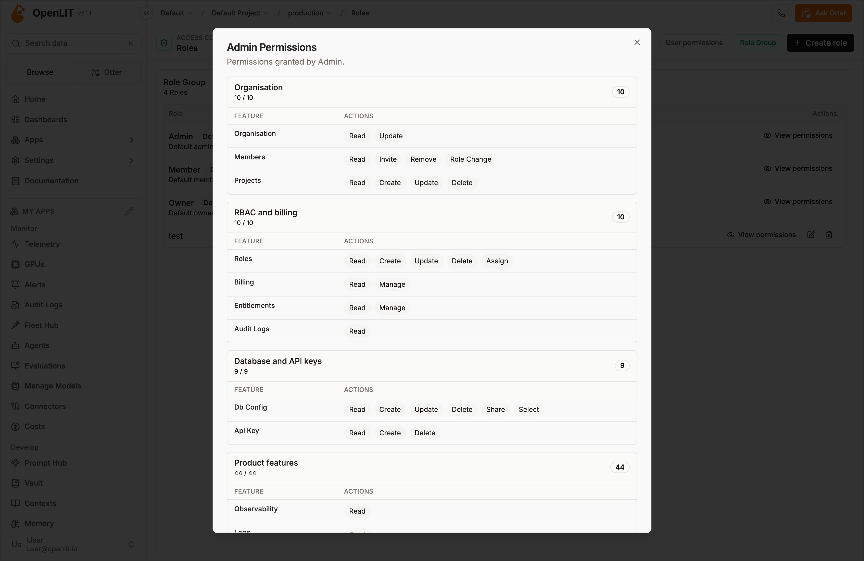 Admin permissions dialog grouped by organisation, RBAC and billing, and product features