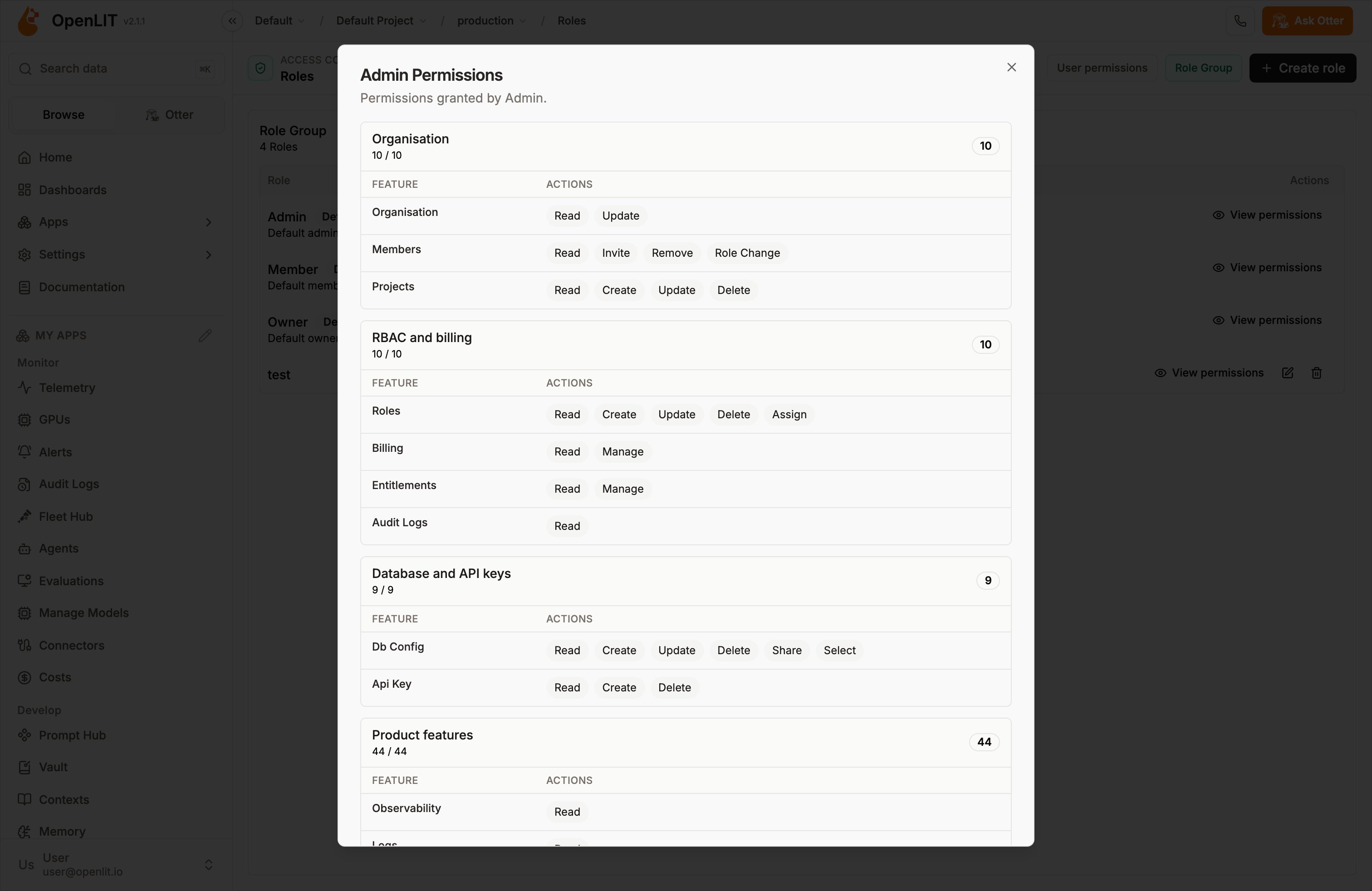 Admin permissions dialog grouped by organisation, RBAC and billing, and product features