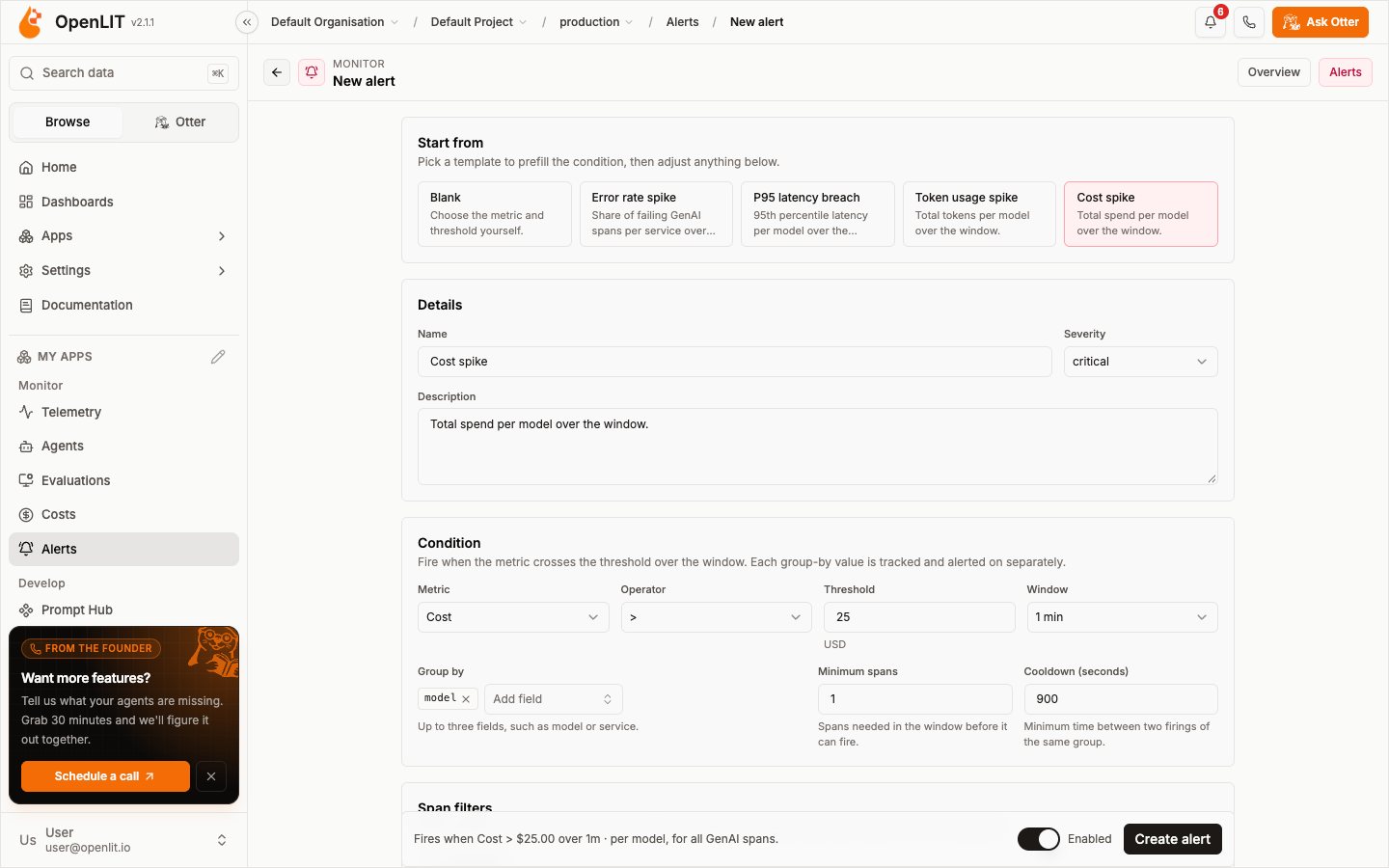 New threshold alert form with templates, details, and condition