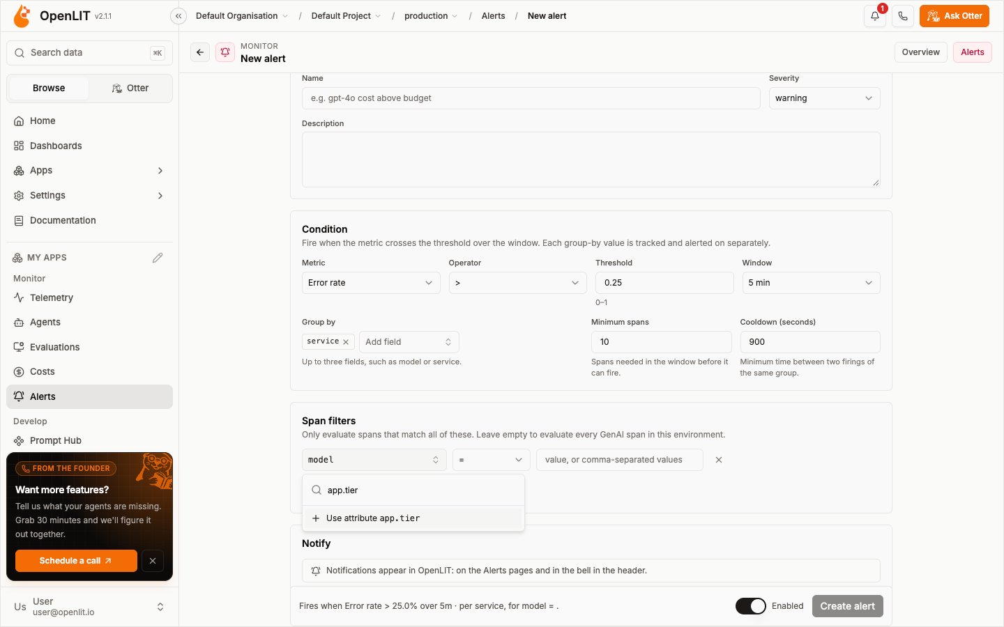 Span filter field picker listing span fields and offering a typed attribute key
