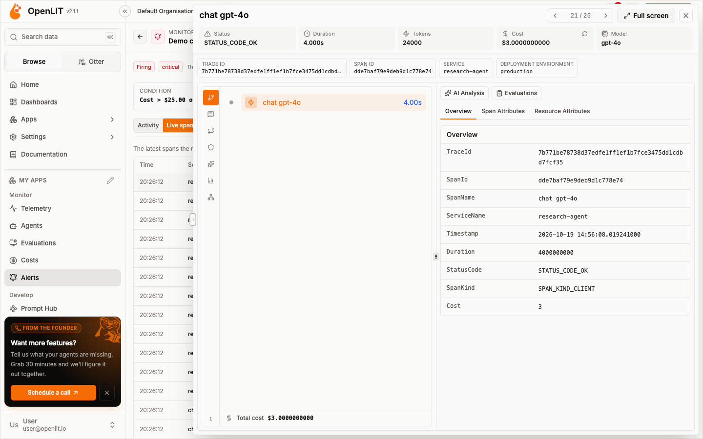 Trace view opened in a side panel from an alert's live spans
