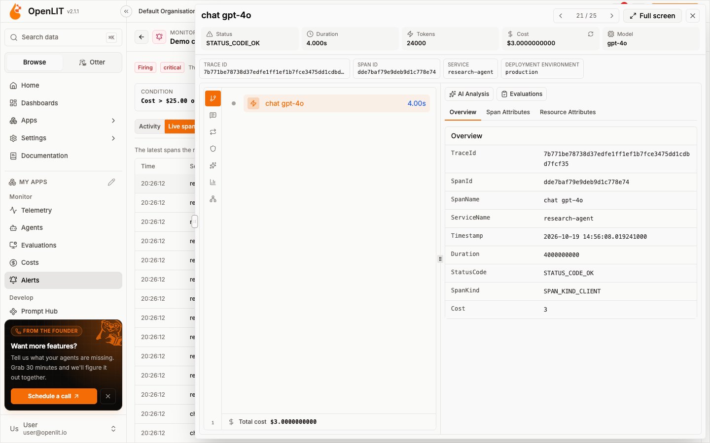 Trace view opened in a side panel from an alert's live spans