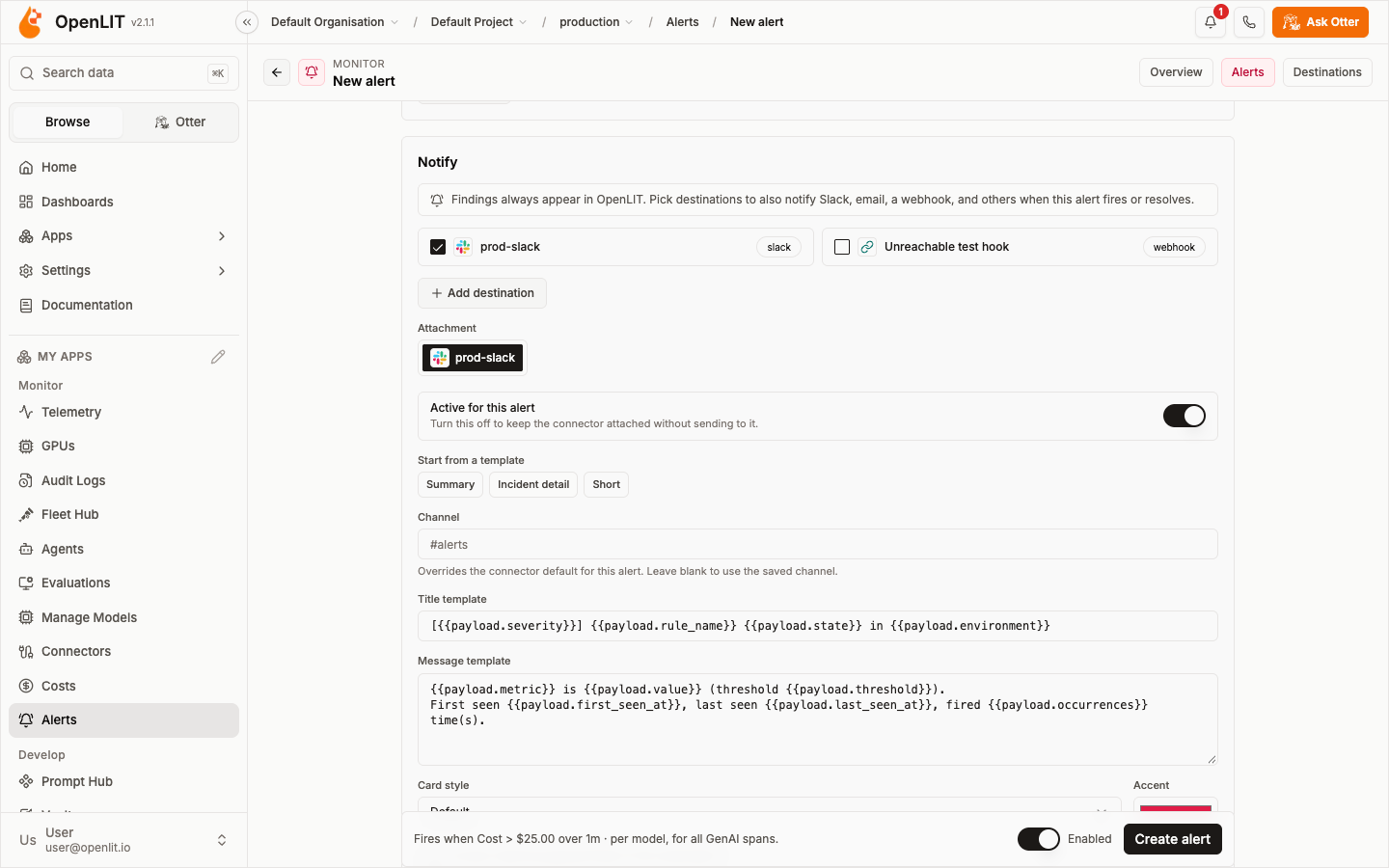Notify section with a Slack destination and its message template editor