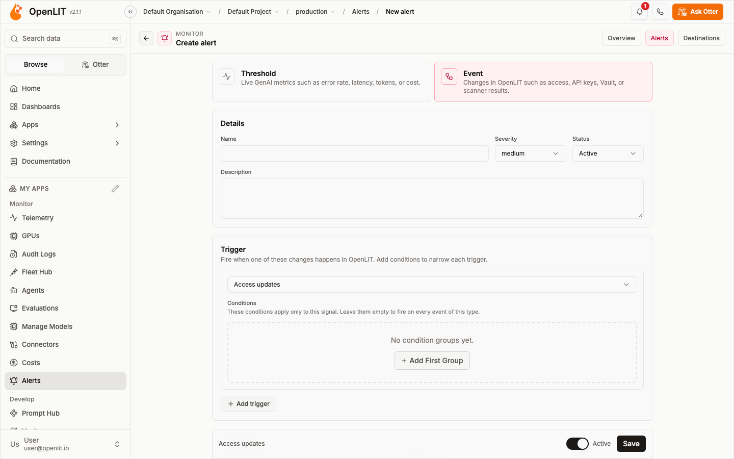 New alert page with the Event type selected, showing details and trigger sections