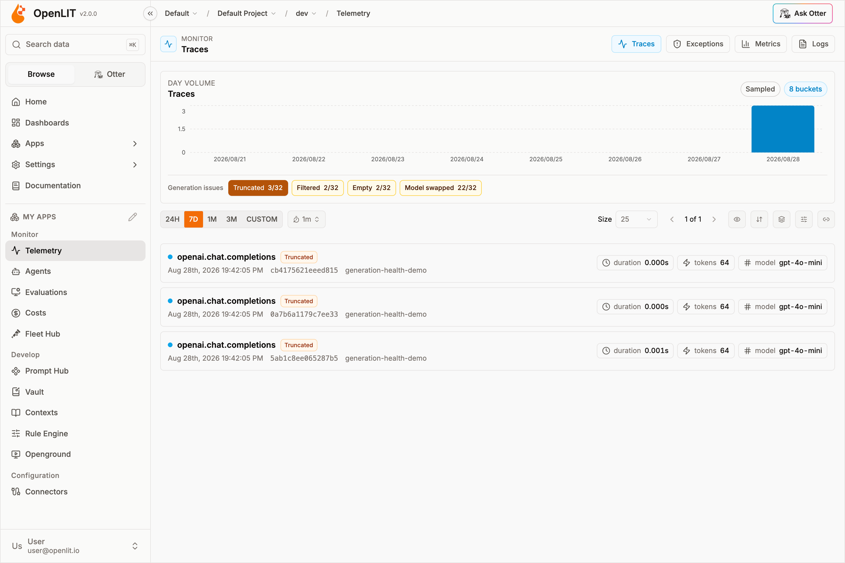 Traces list filtered to Truncated generations, with Truncated badges on openai.chat.completions rows