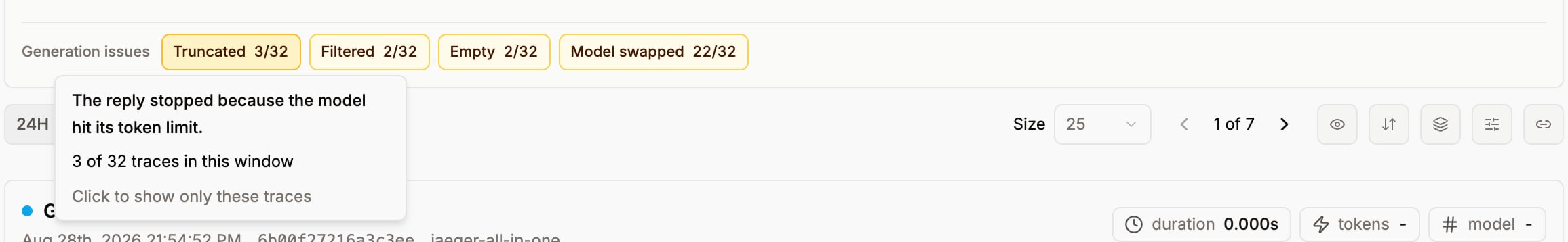 Tooltip on the Truncated chip explaining token-limit stops and that clicking filters the list