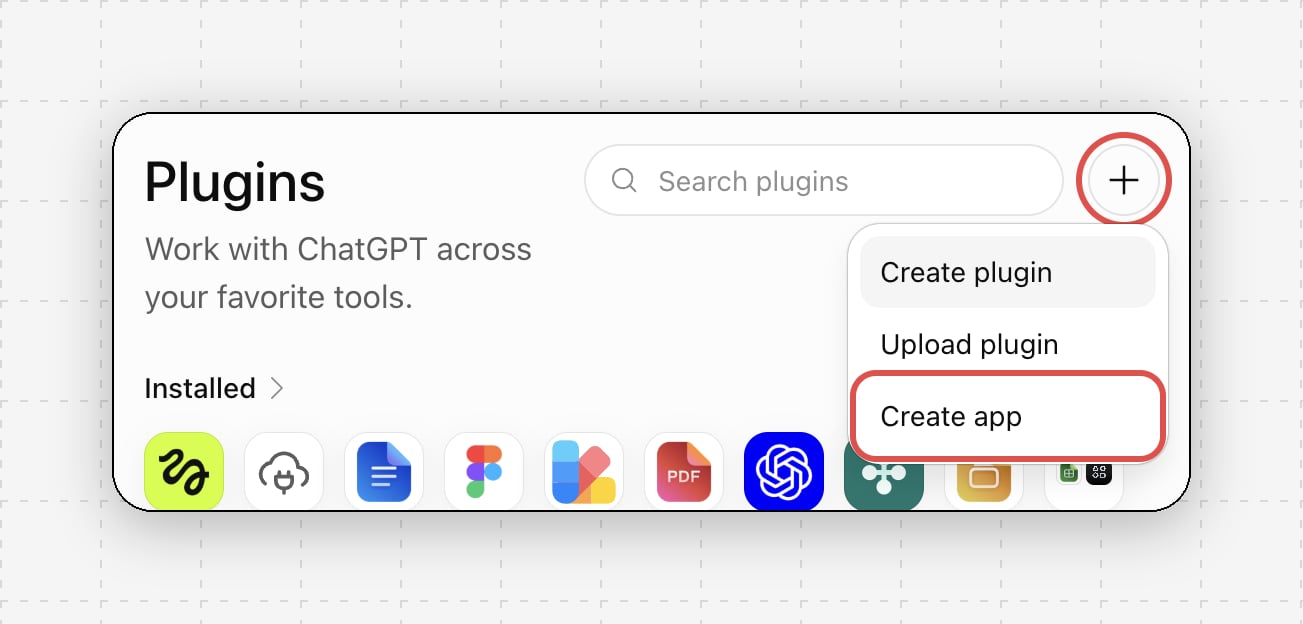 ChatGPT Plugins page with the plus menu open and Create app highlighted