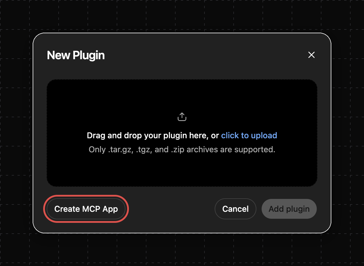 New Plugin dialog with the Create MCP App button highlighted