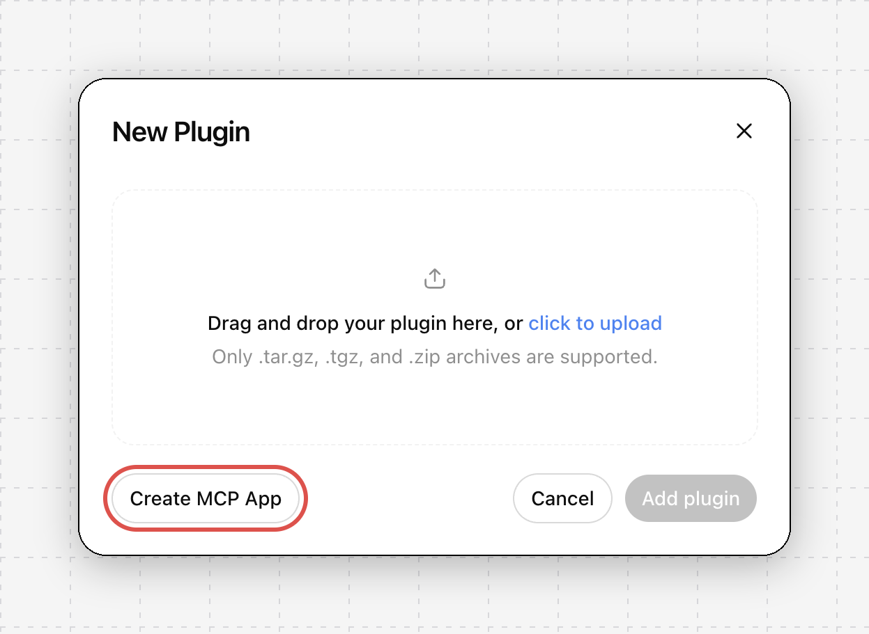 New Plugin dialog with the Create MCP App button highlighted