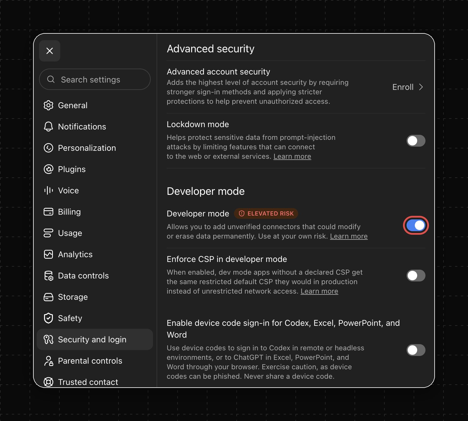 ChatGPT advanced settings with the Developer mode toggle highlighted