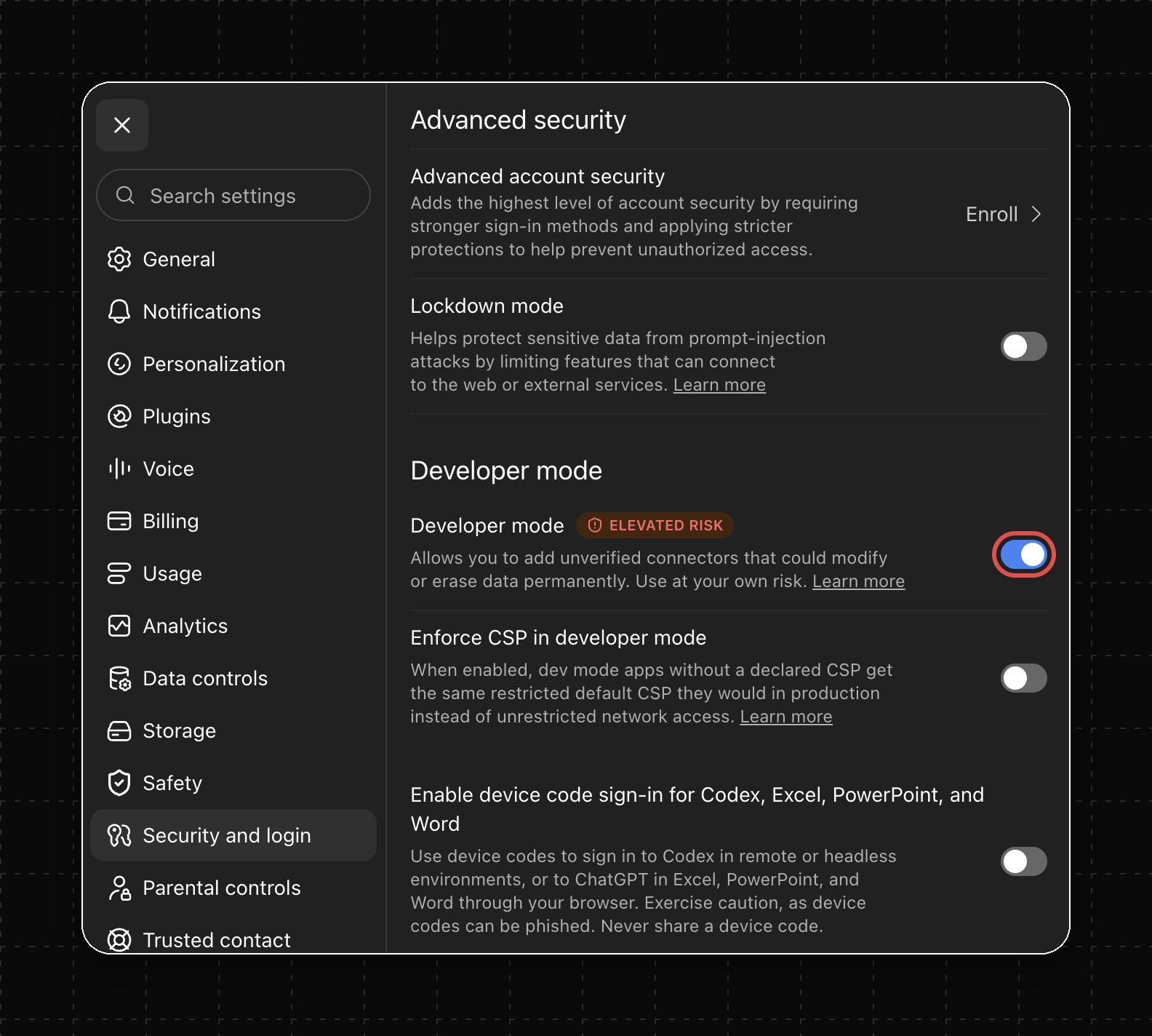 ChatGPT advanced settings with the Developer mode toggle highlighted