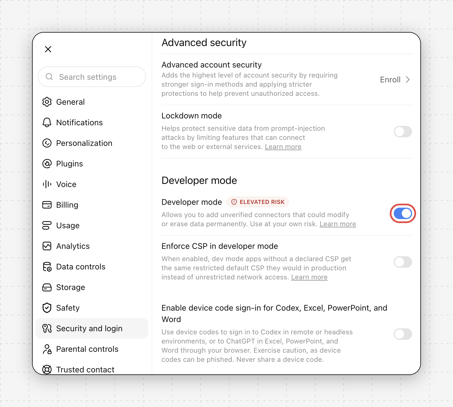 ChatGPT advanced settings with the Developer mode toggle highlighted