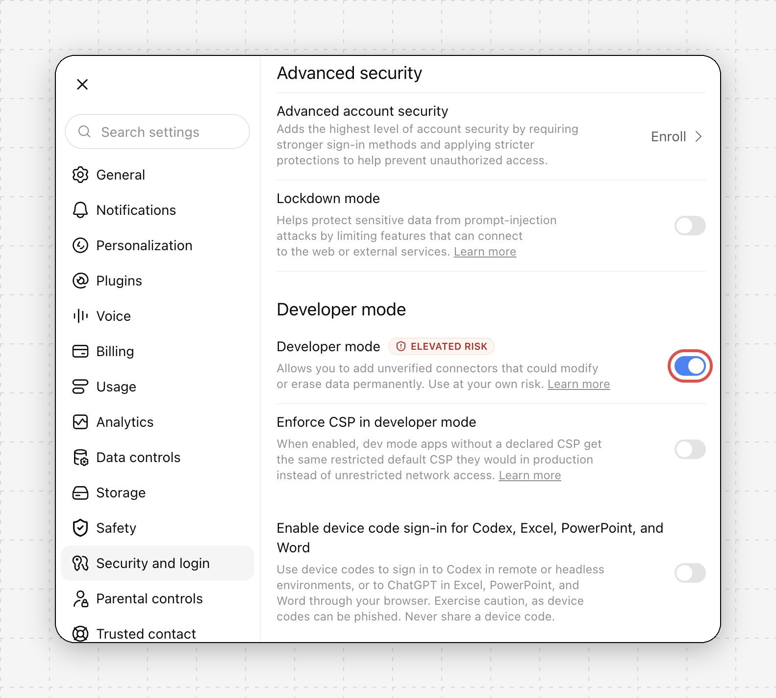 ChatGPT advanced settings with the Developer mode toggle highlighted