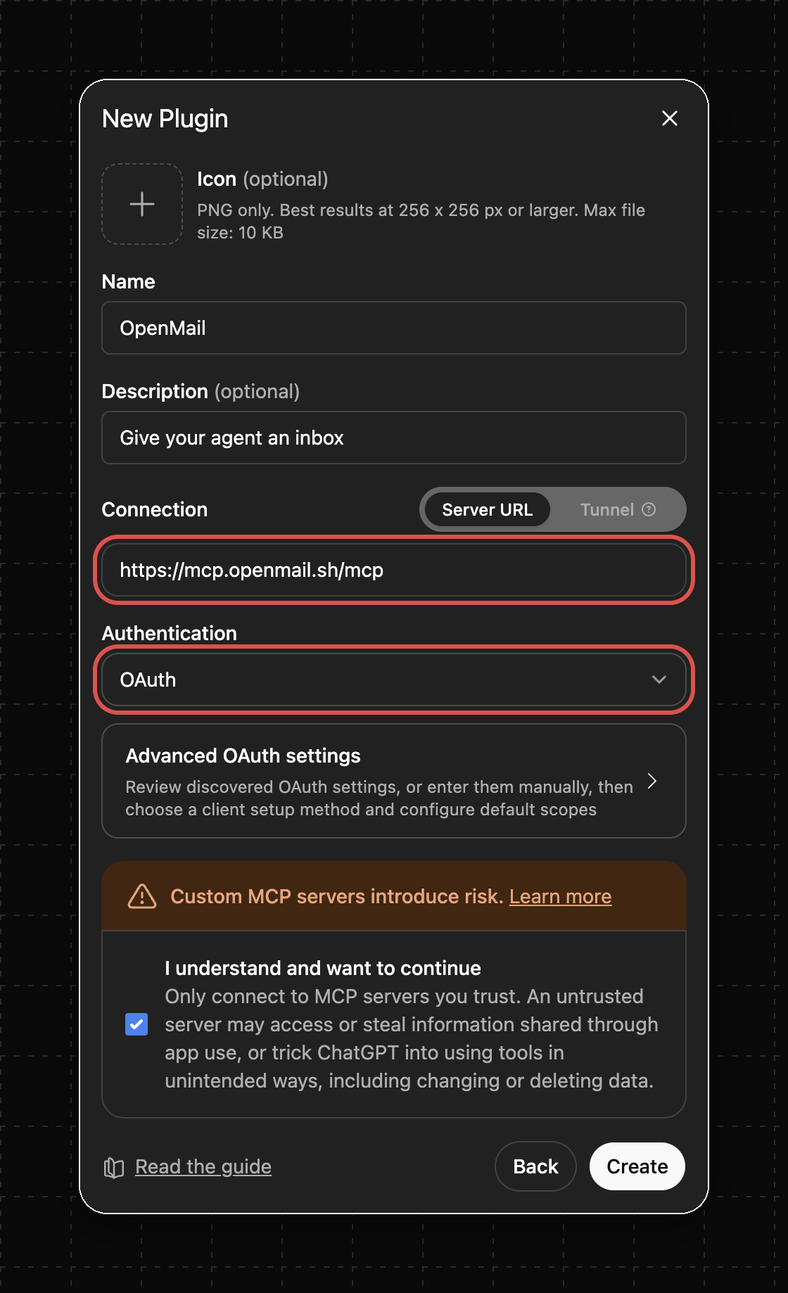 New Plugin form with the server URL and OAuth authentication fields highlighted