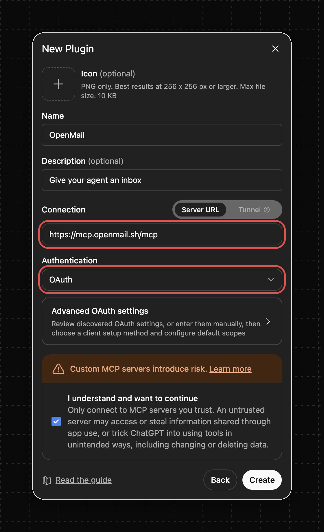 New Plugin form with the server URL and OAuth authentication fields highlighted