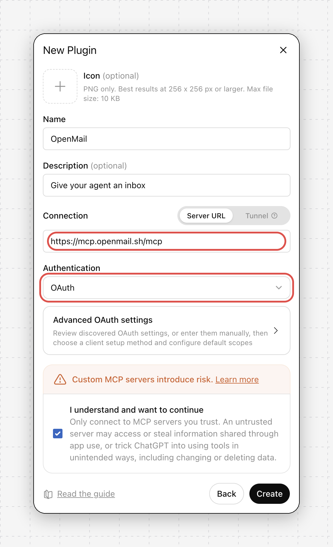 New Plugin form with the server URL and OAuth authentication fields highlighted