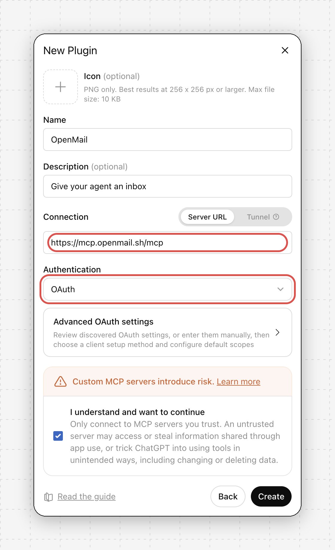 New Plugin form with the server URL and OAuth authentication fields highlighted