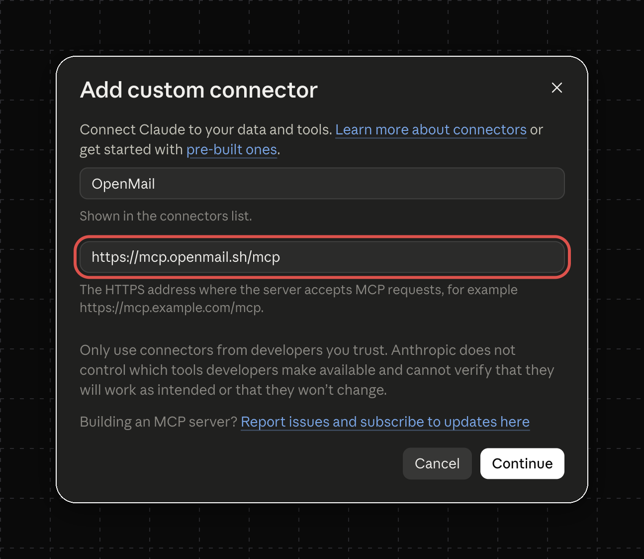 Add custom connector dialog with the MCP server URL field highlighted