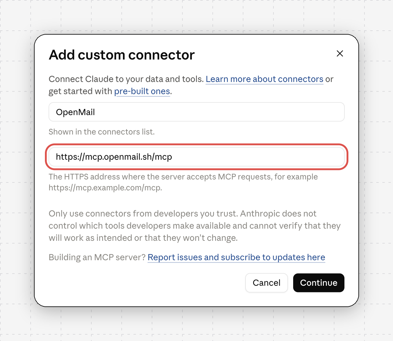 Add custom connector dialog with the MCP server URL field highlighted