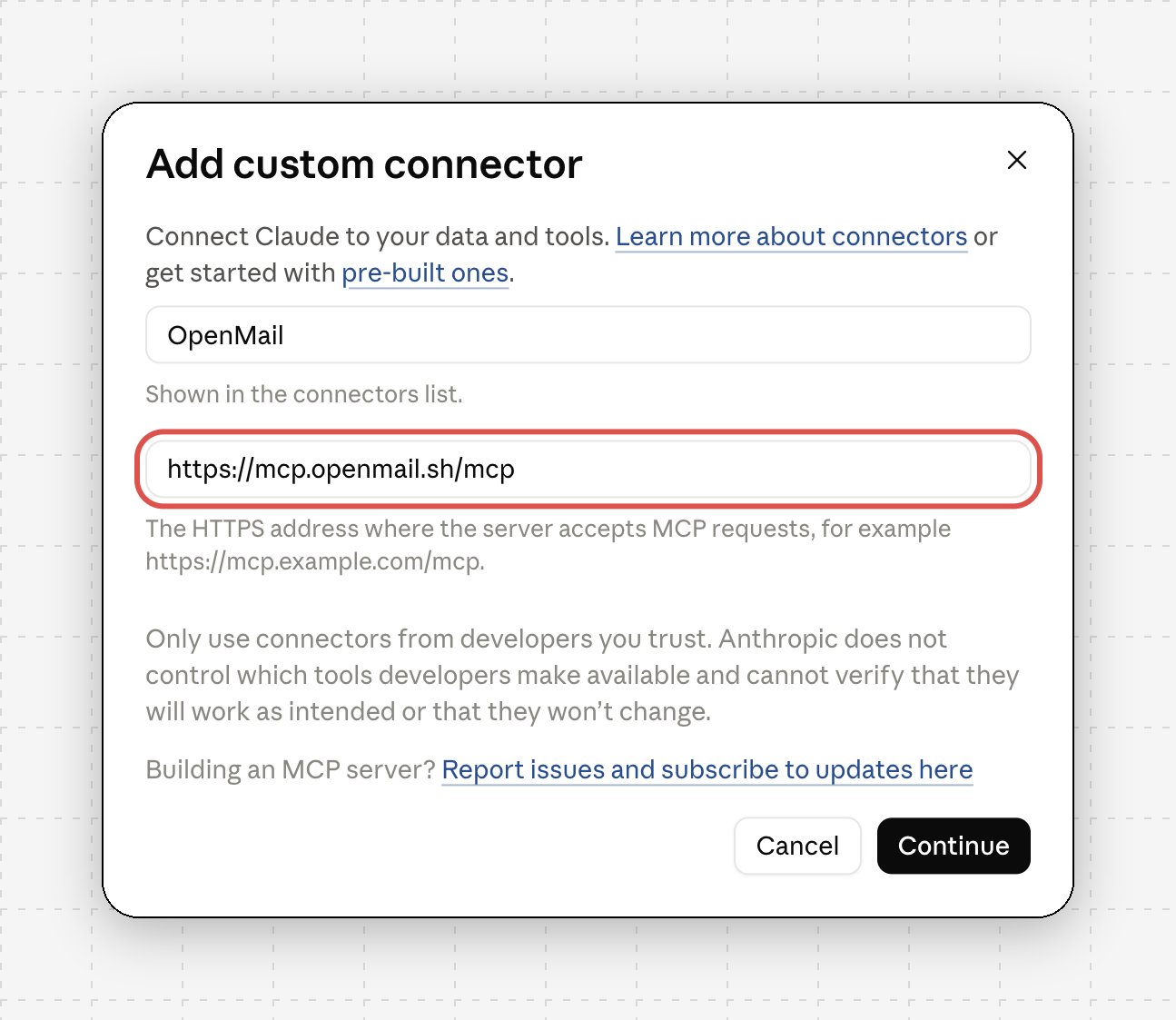 Add custom connector dialog with the MCP server URL field highlighted