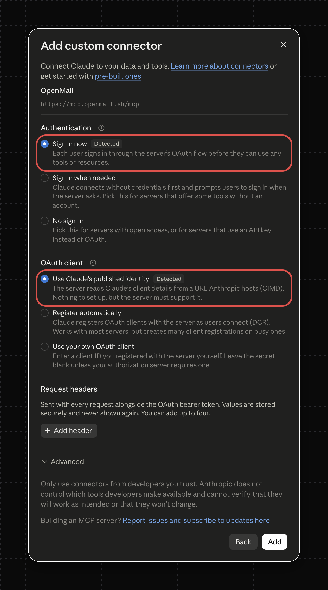 Add custom connector step 2 with Sign in now and Use Claude's published identity highlighted