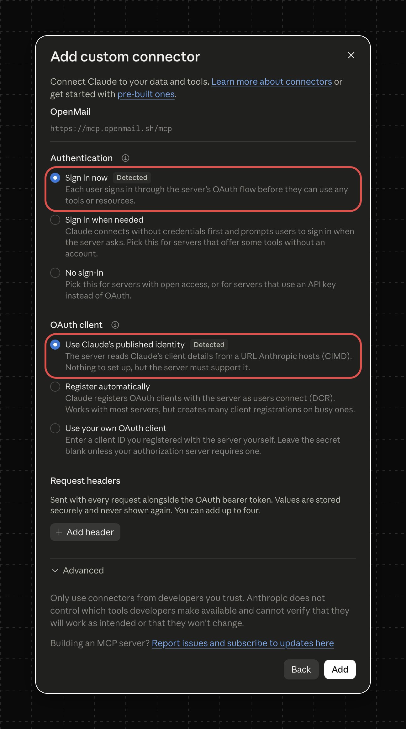 Add custom connector step 2 with Sign in now and Use Claude's published identity highlighted