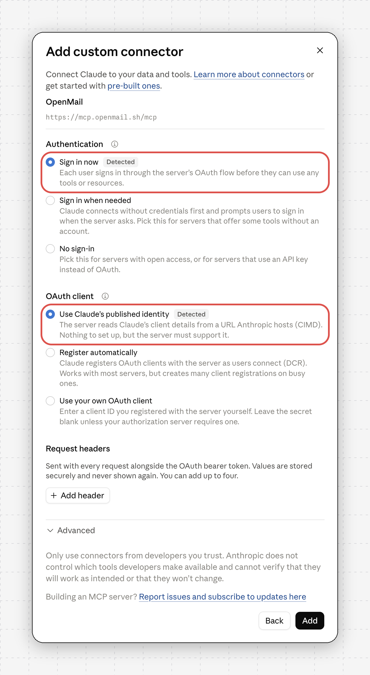 Add custom connector step 2 with Sign in now and Use Claude's published identity highlighted