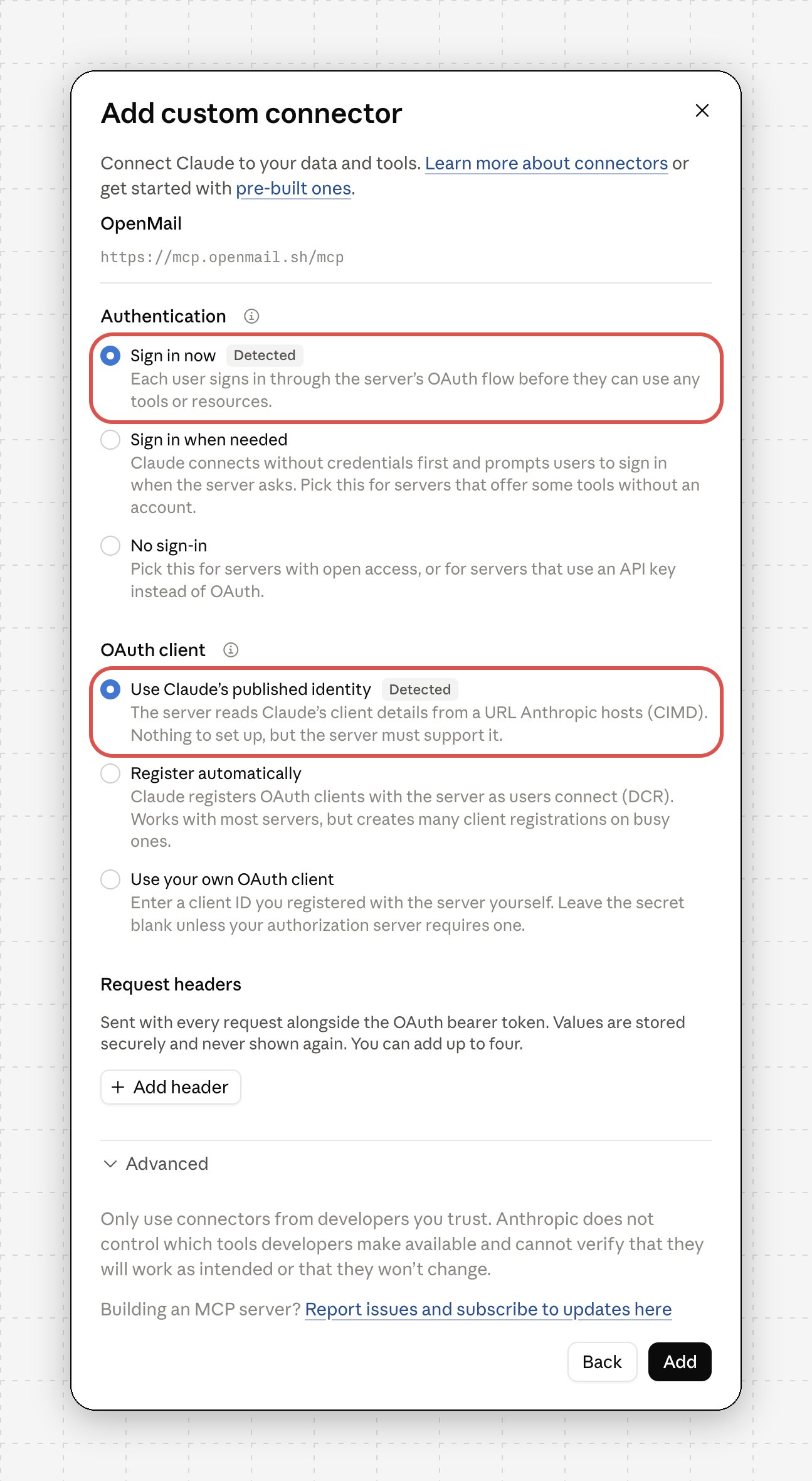 Add custom connector step 2 with Sign in now and Use Claude's published identity highlighted