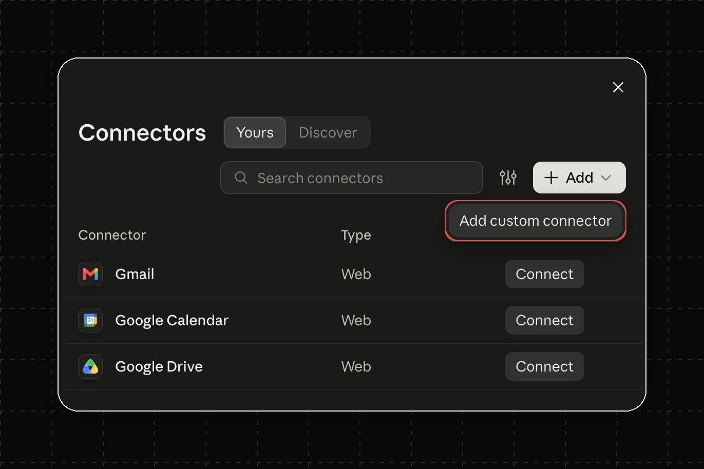Claude Connectors settings with the Add menu open and Add custom connector highlighted