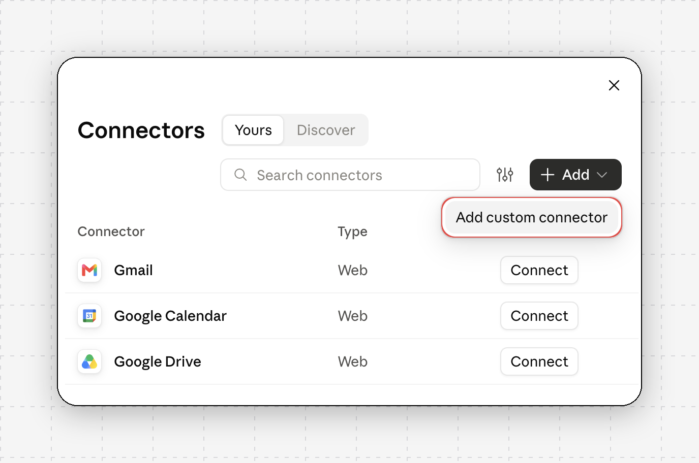Claude Connectors settings with the Add menu open and Add custom connector highlighted