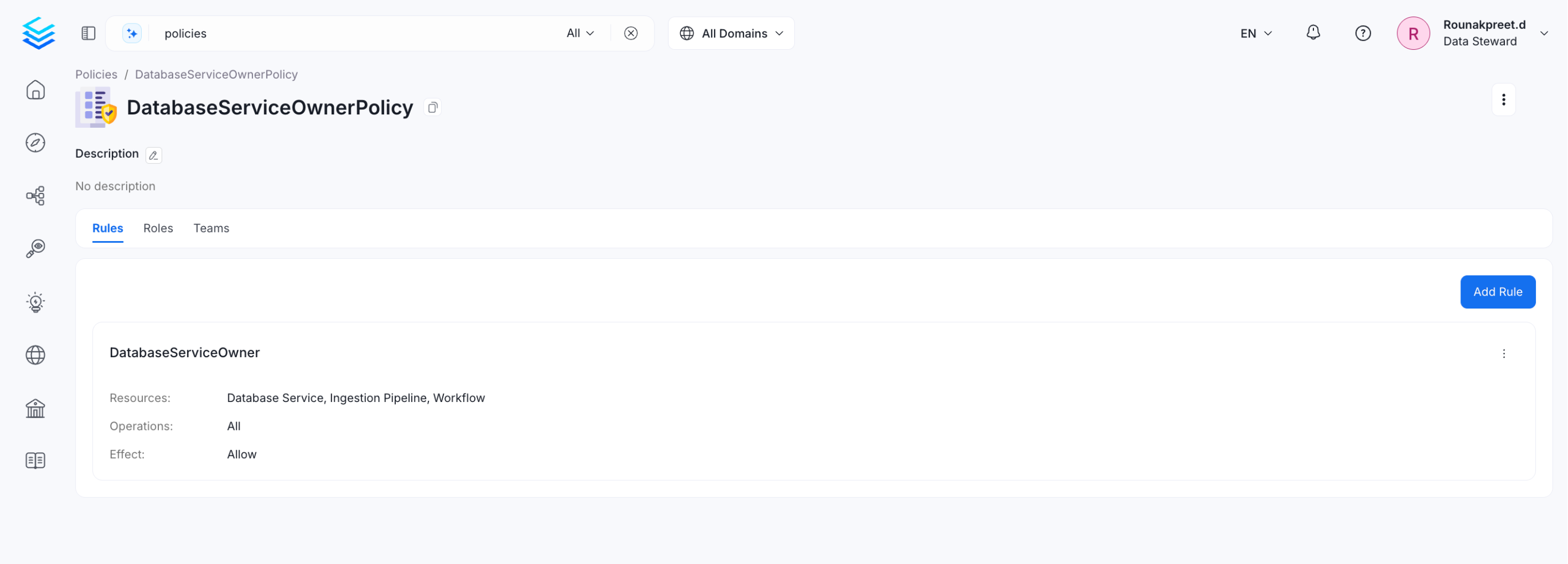 Policy configuration for service creation with DatabaseService, Ingestion Pipeline, and Workflow resources
