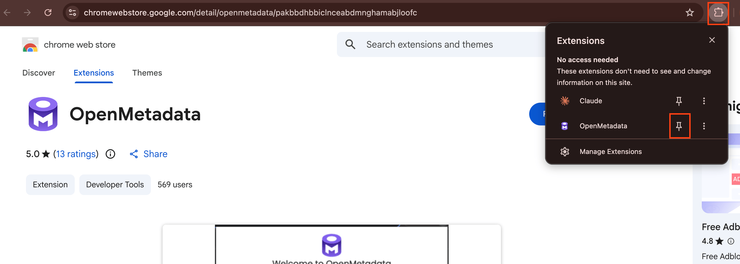Pinning the OpenMetadata extension in the Chrome toolbar