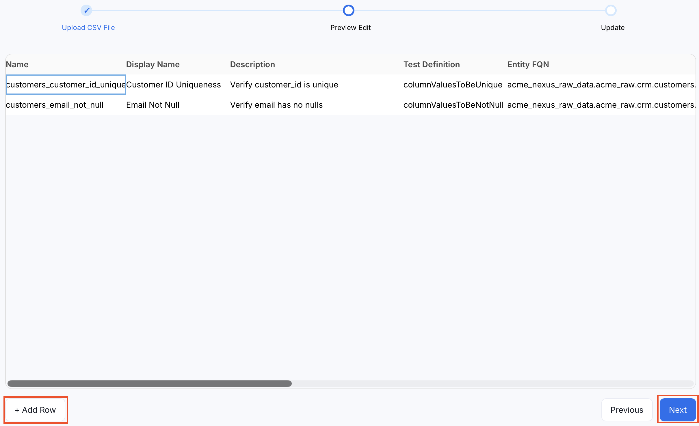 Preview of the test case CSV file