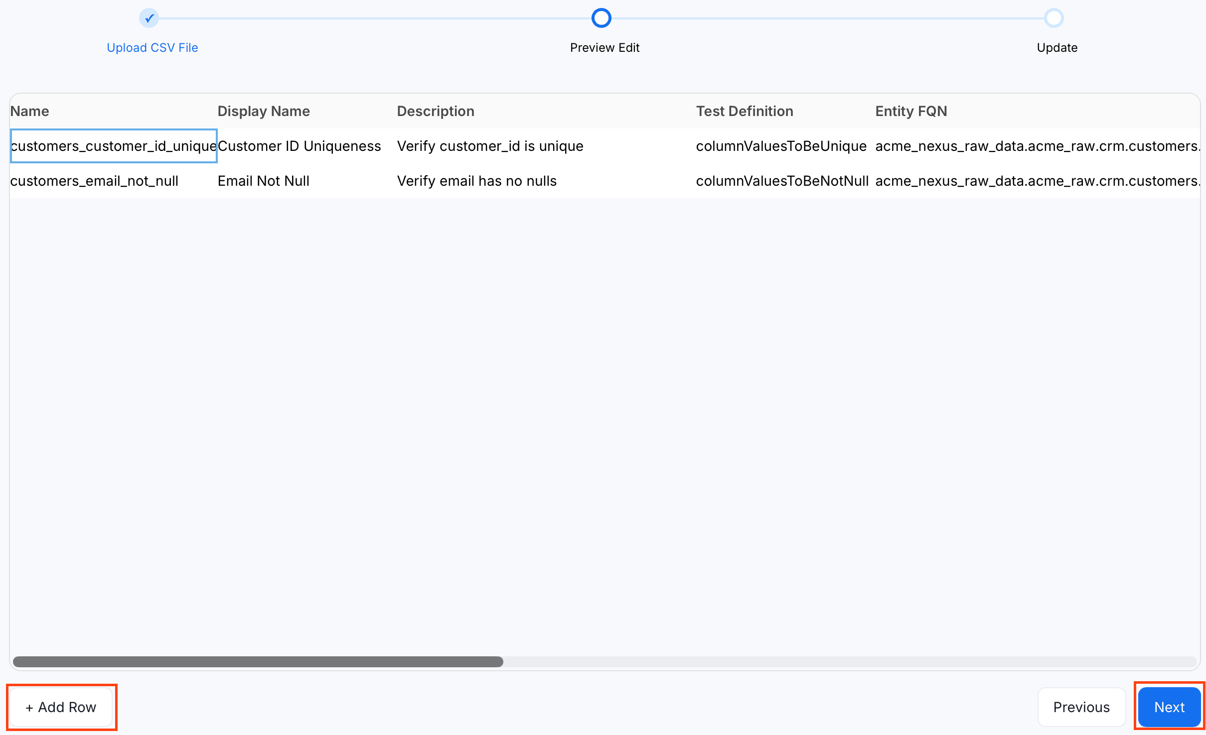 Preview of the test case CSV file
