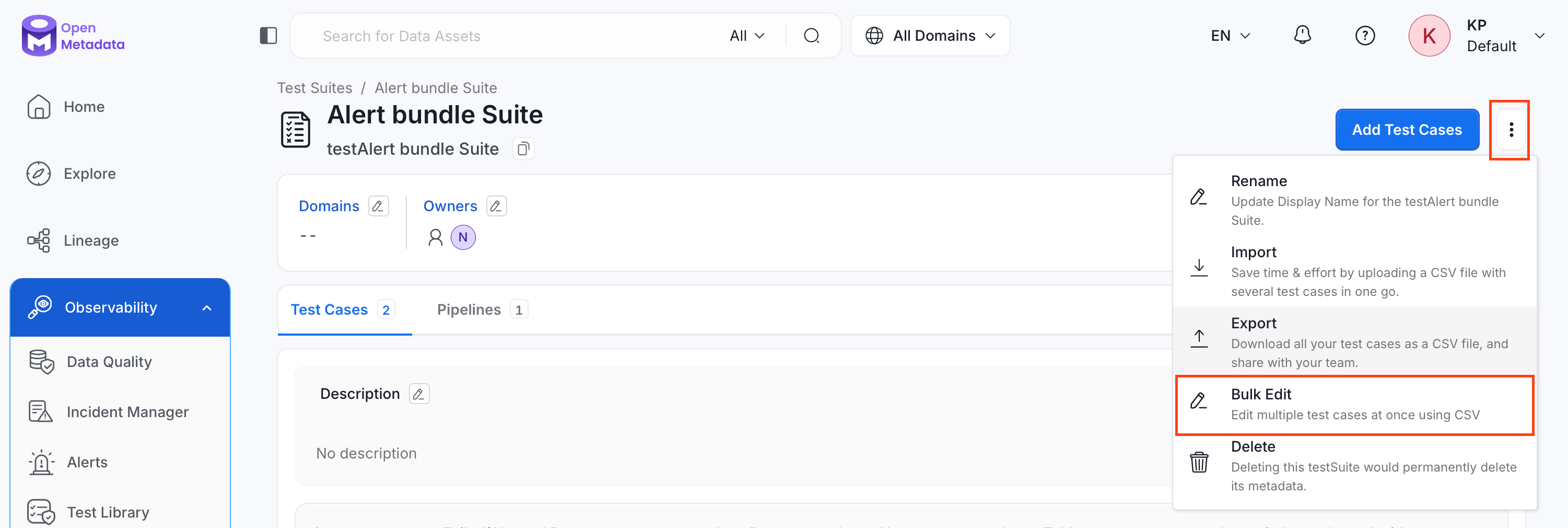 Click Bulk Edit for a test suite