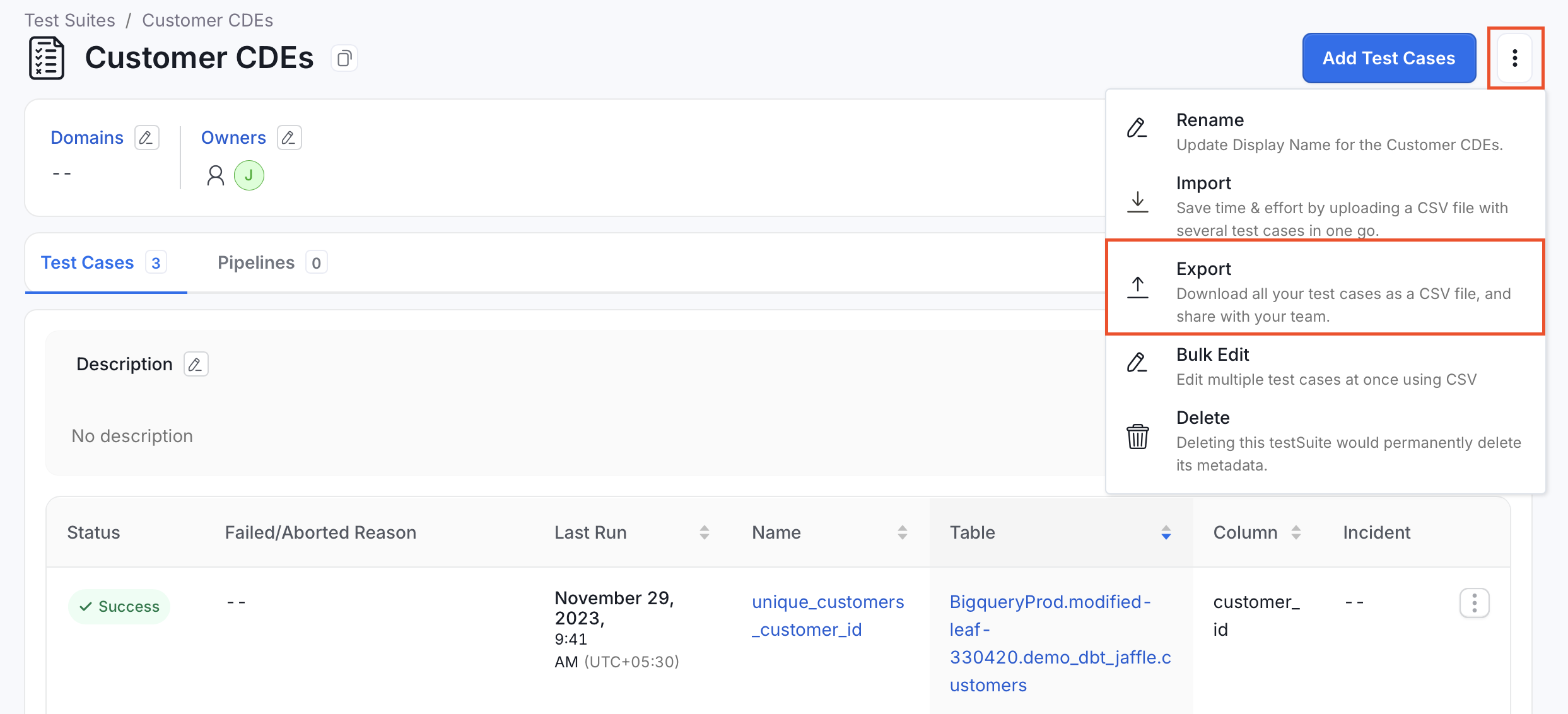 Export test cases for a test suite