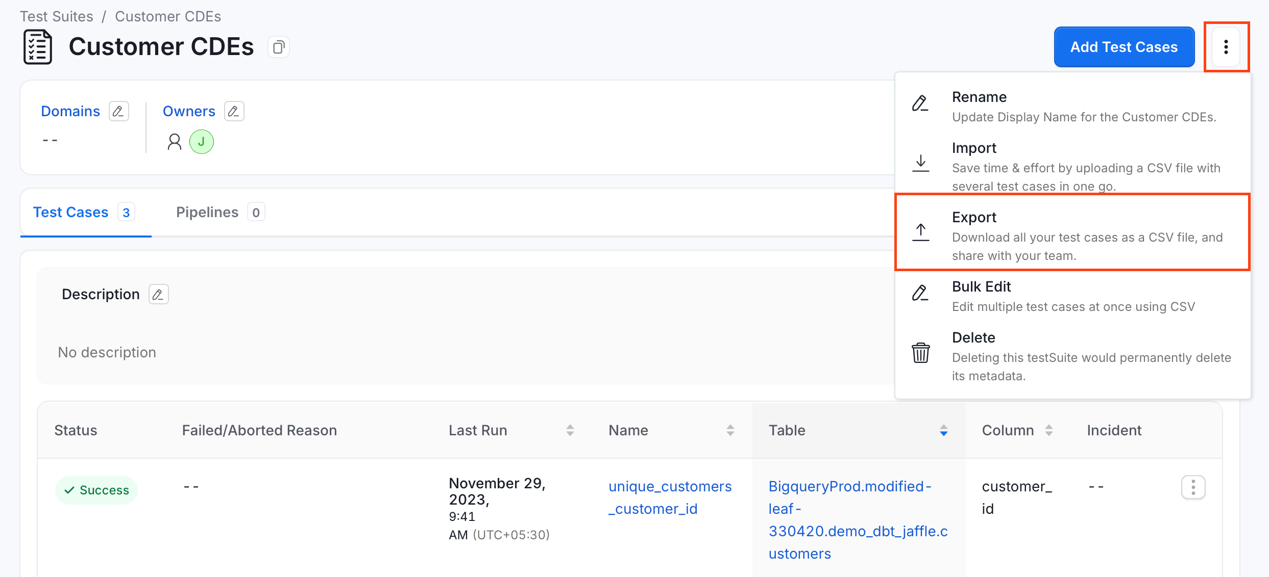 Export test cases for a test suite