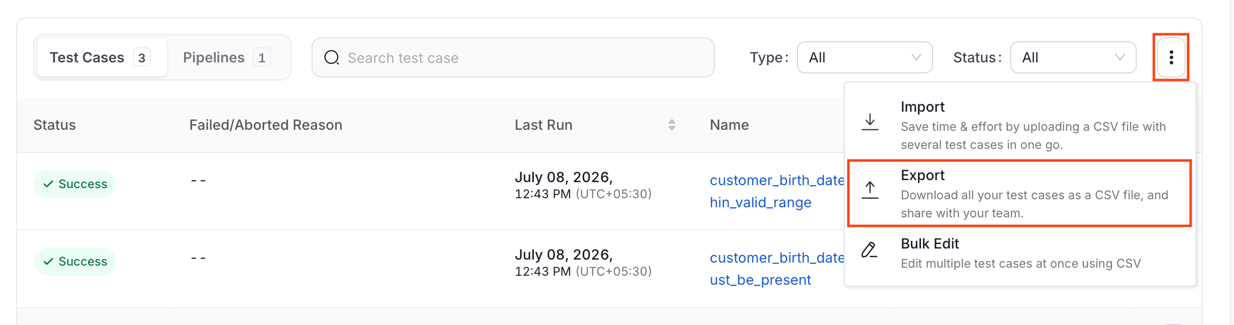 Export test cases for a single table