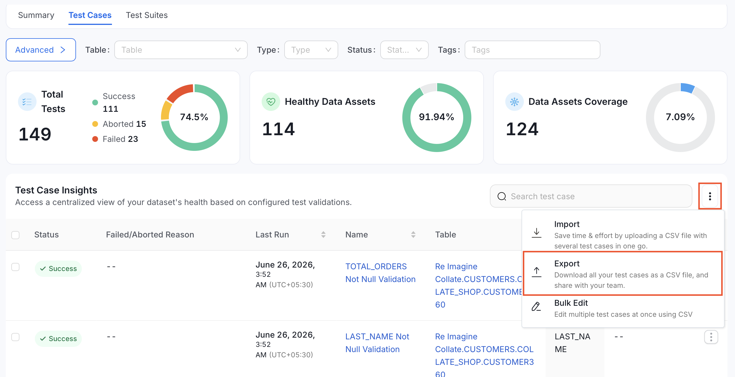 Export test cases platform-wide